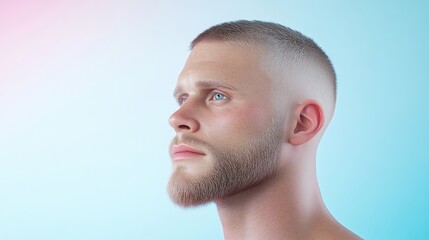 Fototapeta premium Close-up profile of a man with a short haircut and beard, light skin tone and expressive eyes, against a pastel background