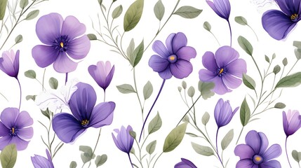 Seamless Pattern with Violet Summer Flowers and Green Leaves - Floral Design for Backgrounds
