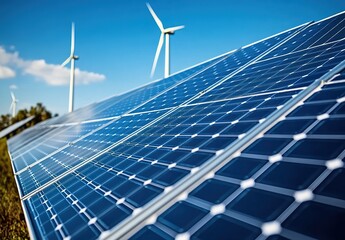 A solar panel array with wind turbines under a clear sky and autumn trees.
