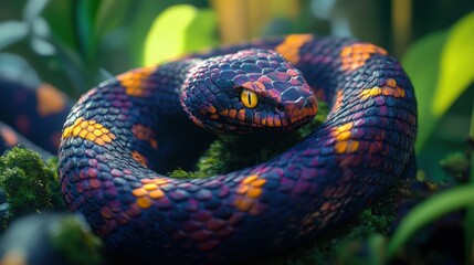Obraz premium A snake coiled up with its vibrant scales in a forest setting