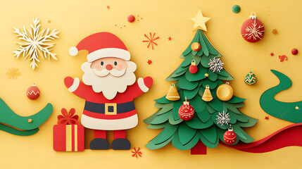 christmas, santa, winter, claus, holiday, tree, gift, snow, santa claus, xmas, illustration, cartoon, hat, vector, snowman, celebration, decoration, happy, new, greeting, present, merry, season, new y