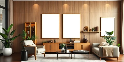 Modern minimalist living room interior design with wooden wall paneling and blank frames
