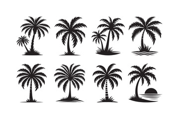 Set of palm tree silhouette clipart icon illustration, isolated on white background	