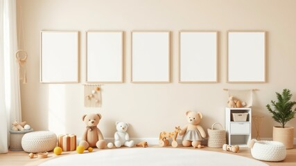 Neutral Nursery Decor with Blank Frames and Plush Toys