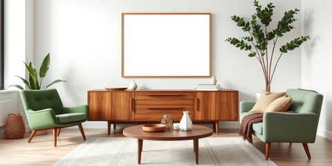 Mid-Century Modern Living Room Interior Design with Wooden Furniture and Green Upholstery