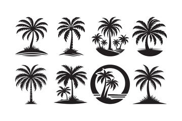 Set of palm tree silhouette clipart icon illustration, isolated on white background	