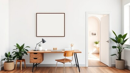 Modern minimalist home office workspace with wooden desk and plants