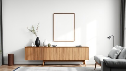 Modern minimalist living room interior design featuring a wooden sideboard, decorative vases, and a blank frame for artwork