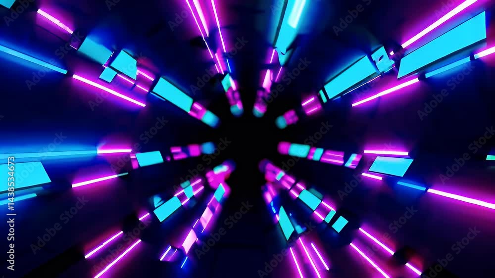 Poster enter visually hypnotic experience looping glowing neon rectangles creating vibrant tunnel effect pe