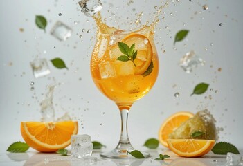lemon in water. Orange juice splash. Orange transparent glass . Yellow beverage . Ice lemon tea splash. Ice cube . Cold Fresh beverage.  Transparent fresh juice.