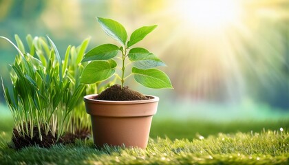 Obraz premium green plant in a pot growing in a garden with grass and leaves