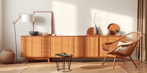 Light-filled living room with minimalist wooden sideboard, woven chair, and natural decor