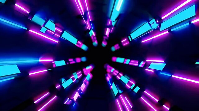 Enter visually hypnotic experience looping glowing neon rectangles creating vibrant tunnel effect perfect futuristic 4K backgrounds music visuals digital concept art
