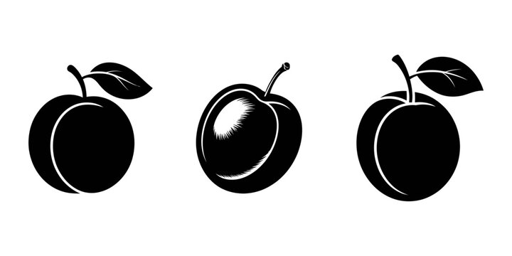 plum fruit minimalist silhouette vector icon - for graphic design projects plum, Modern Artwork, set of Peach silhouette vector illustration, Peach Flat Design Fruit Icon, Apricot Flat icons.