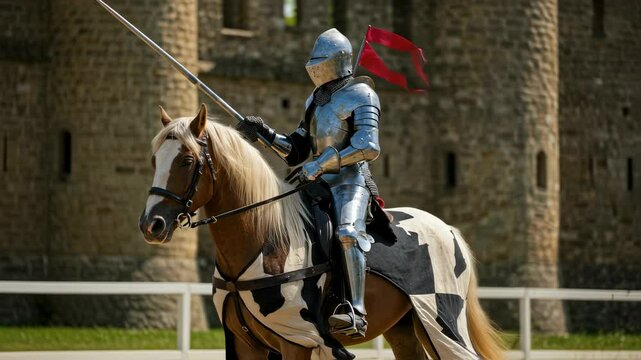 Knight on horseback in full armor. Historical reenactment of medieval era. Crusader ready for battle ride on warhorse near the stone castle wall. Fairytale concept.