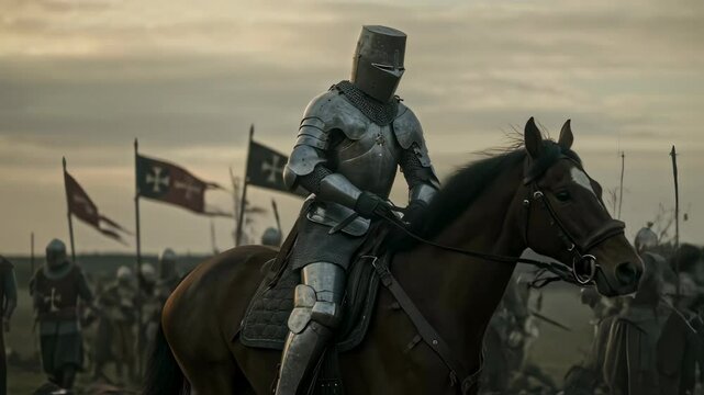 Armored knight rides horse across battlefield after a battle. Medieval war scene with fallen soldiers, crusader concept for historical or fantasy themed video.