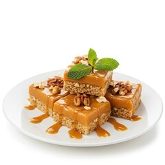 Caramel walnut bars stacked on plate isolated on white background