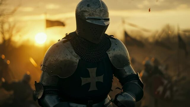 Medieval knight on battlefield at golden sunset. Crusader in full armor ready for fight. Historical reenactment of war scene, brave warrior, battle concept.