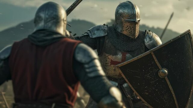 Knight in full armor fights with sword and shield on battle field. Medieval warrior in combat with army of opponents. Epic confrontation for history book illustration.