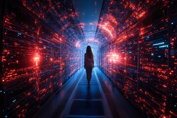 Exploring digital realms, a solitary figure amidst glowing data corridors