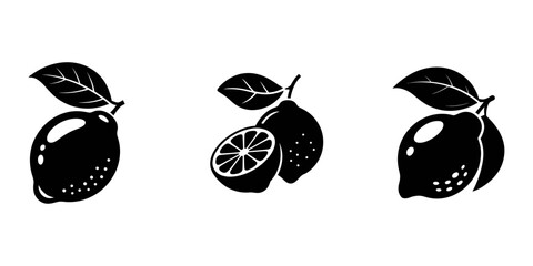 Lemons graphic icons set. Lemons signs isolated on white background. Fruits symbols. Vector illustration, Hand drawn abstract lemon silhouettes set. Collection of whole and cut lemons, branches.