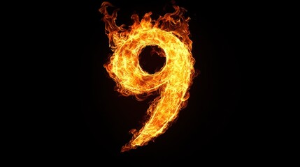 Fototapeta premium Fiery number nine, burning digits, black background, abstract art, graphic design
