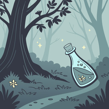 Fantasy elixir bottle floating in a dreamy enchanted forest