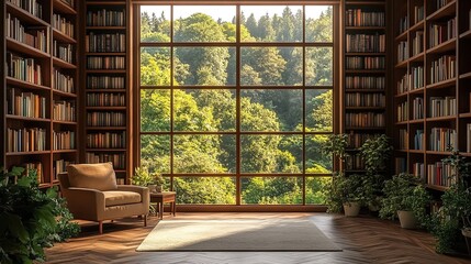 A cozy library room with floor-to-ceiling bookshelves, large forest-view window, leather armchair, and plants on wooden floor.