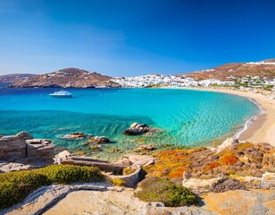 landscape with tsagari beach mykonos island greece cyclades