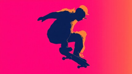 Obraz premium Dynamic Silhouette of Skateboarder Mid-Trick on Bold Color Background