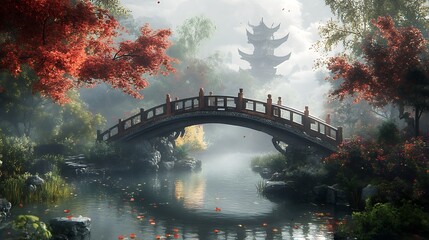 Stunning Chinese bridge with arches over reflective water in nature high resolution picture