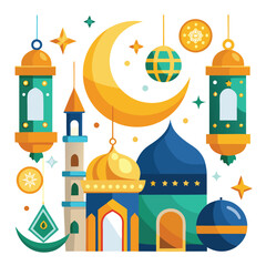 Obraz premium Islamic Mosque and Lanterns Illustration
