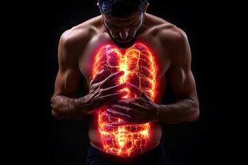 Glowing internal anatomy of a muscular man's torso