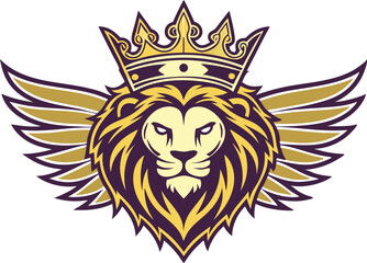 Lion head with crown in royal majestic golden color vector art featuring detailed mane and bold lines for a powerful regal mascot logo