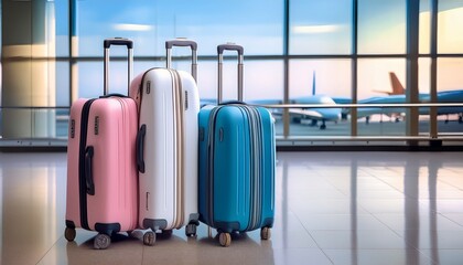 three suitcases in blue white and pink colors stand in a brightly lit airport terminal ready for travel