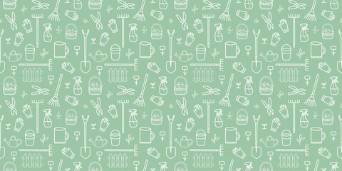 Seamless gardening pattern with line art shovels, rakes, gloves, watering cans, baskets, pruners and plants on green background, garden theme