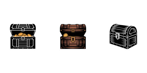 Old and new chests in the set, Collection of chest box or trunk box logo icon vector, plunder box or coffer vintage box, Wooden chests set of silhouettes. Chests with metal edging simple icons.