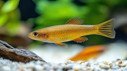 Glide golden fish in a bright tank.