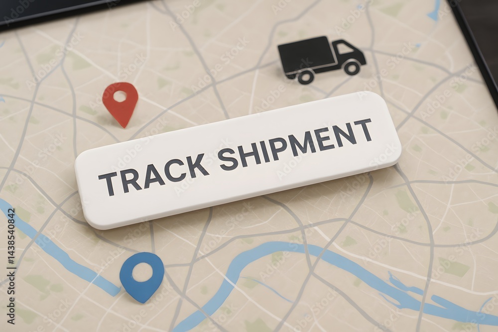 Poster a smartphone displays a map with blue and red location pins and a track shipment label. concept of p