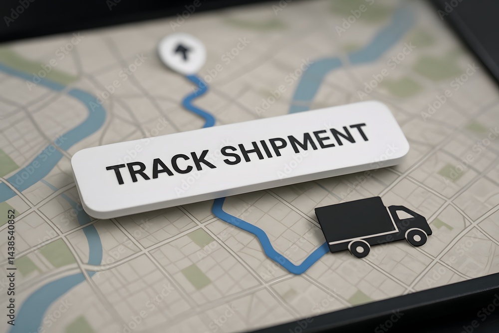 Poster a smartphone screen shows a map with a highlighted route and a truck icon under a track shipment lab