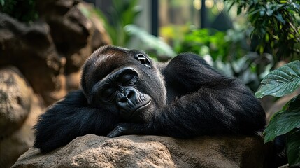 Gorilla resting in a jungle setting for endangered wildlife, primates, and tropical rainforest visuals