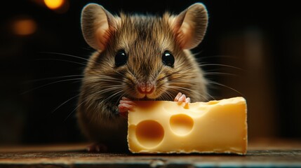 Fototapeta premium A small mouse nibbling on a piece of cheese in a dark kitchen at night