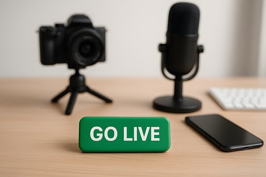 A professional streaming setup shows a camera, microphone, and ring light behind a green go live button. Concept of real-time broadcast initiation and content creation studio.