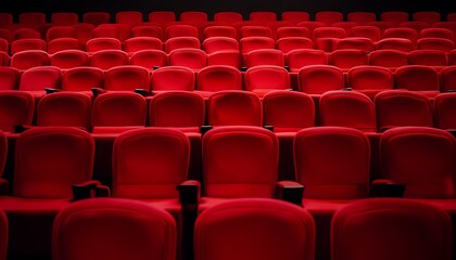 Naklejka premium Rows of Empty Red Theater Seats in Auditorium with Armrests and Dark Background