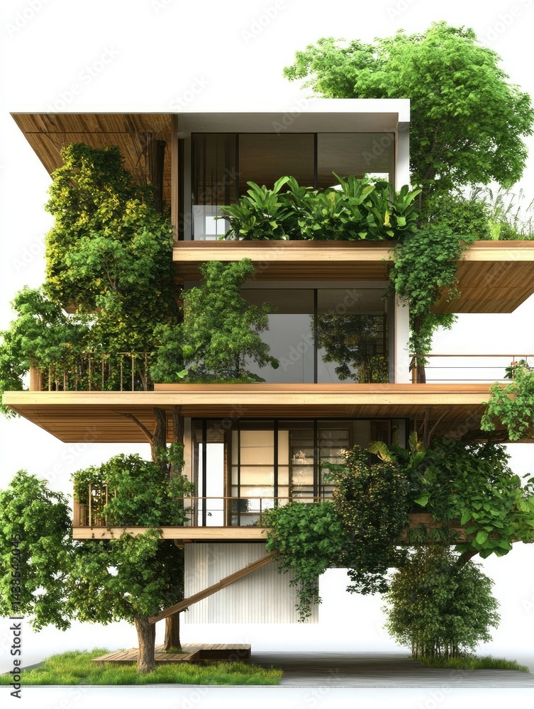 Poster modern multi-story building integrates with lush green trees and foliage seamlessly, creating an eco