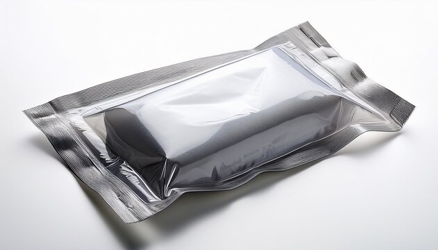 transparent vacuum sealed bag or pouch on white background