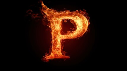 Fiery letter P on black background, alphabet fire