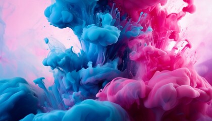 Obraz premium close up view of blue and pink paint splashes mixing in water matte blue and pink watercolor ink swirls in water photographed in motion cool trendy screensaver