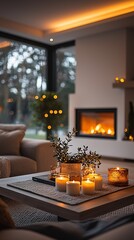 Obraz premium Cozy living room with fireplace, candles, and plants