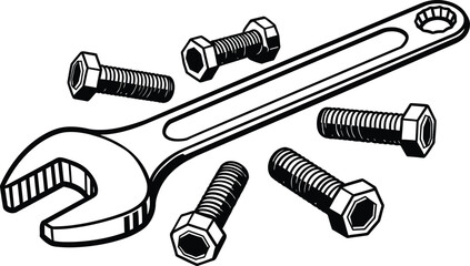 Wrench and Bolts - Black and White Vector Illustration